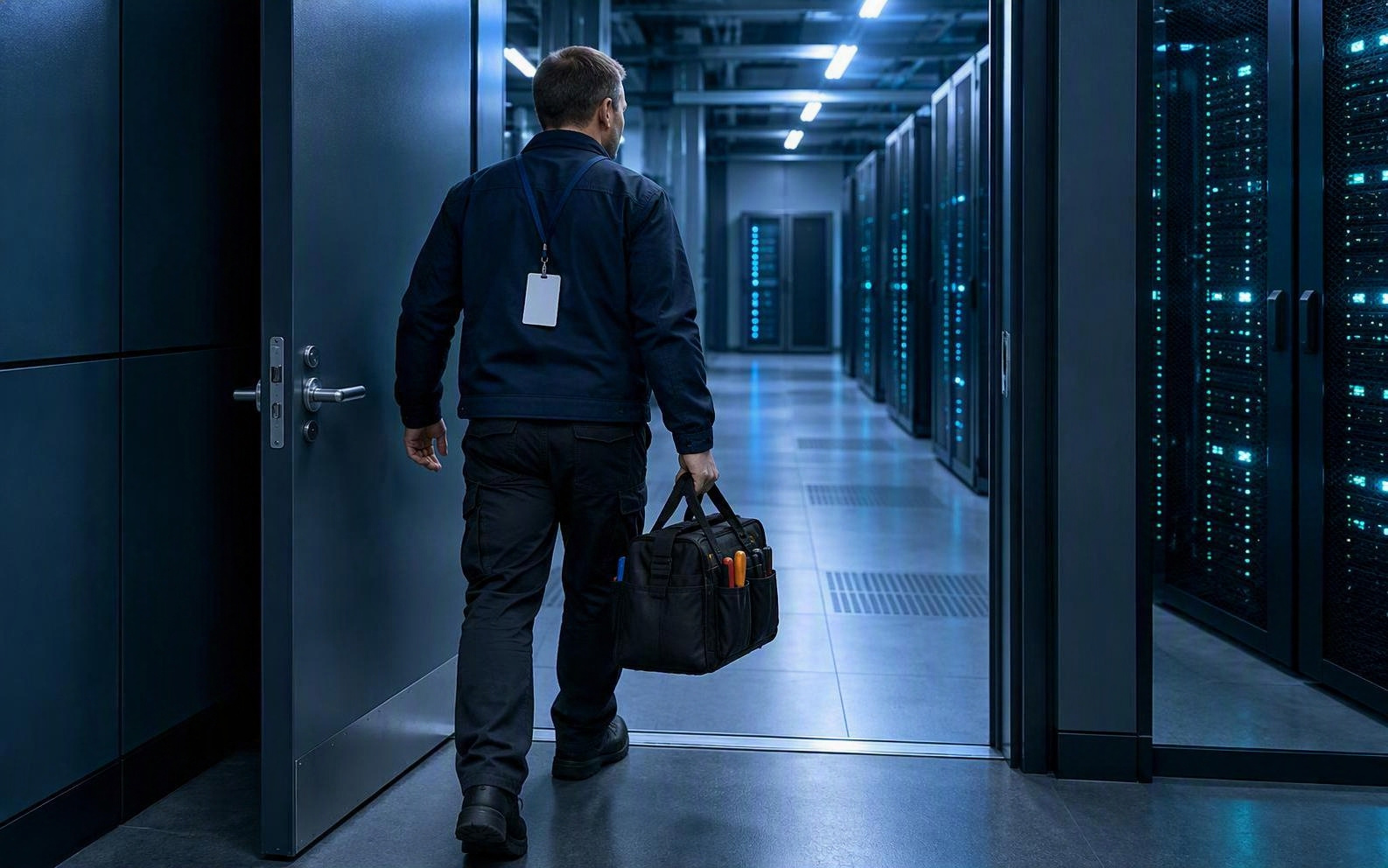 A contractor with a badge walking into a server room