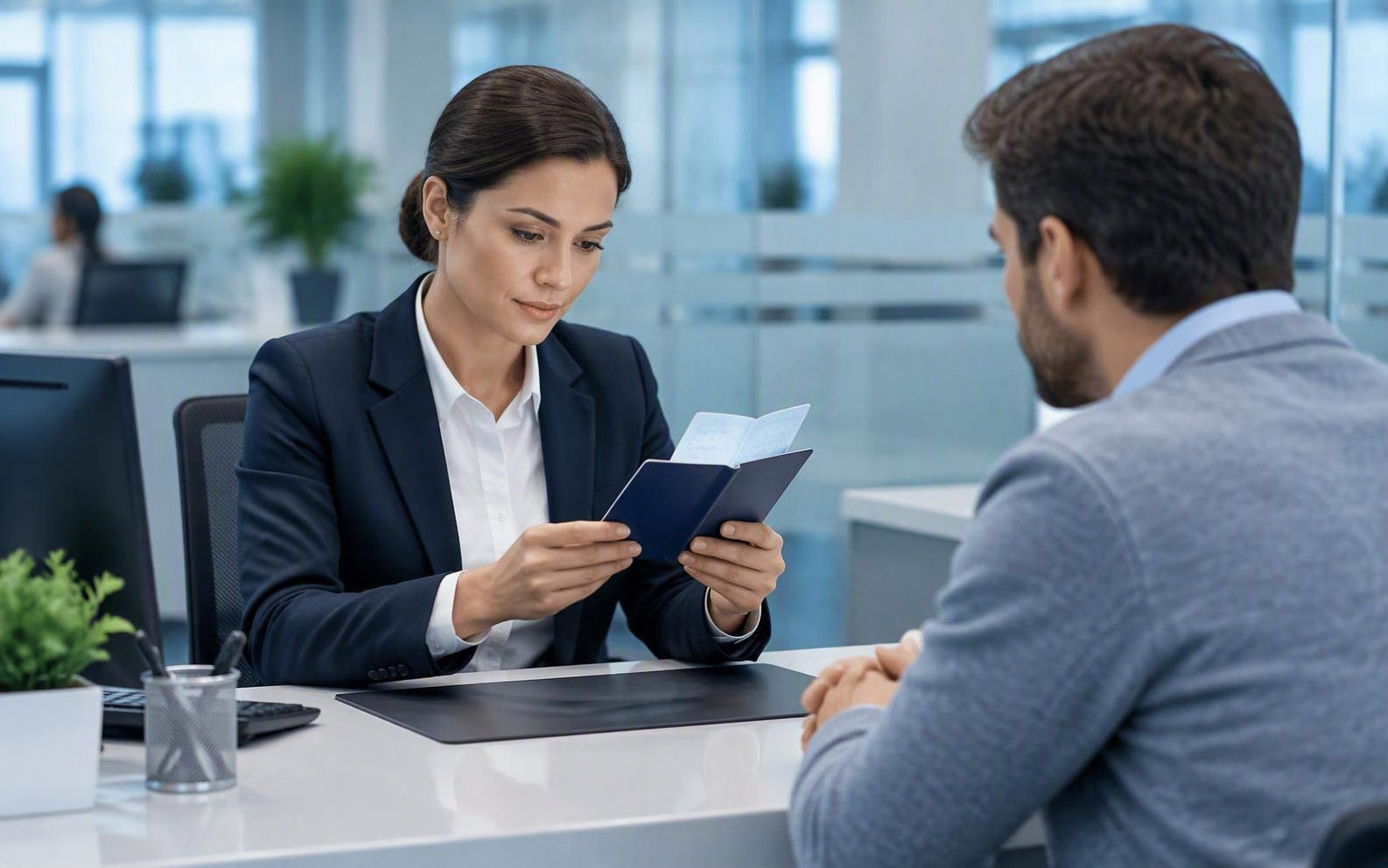 An advisor reviewing an identity document with a customer