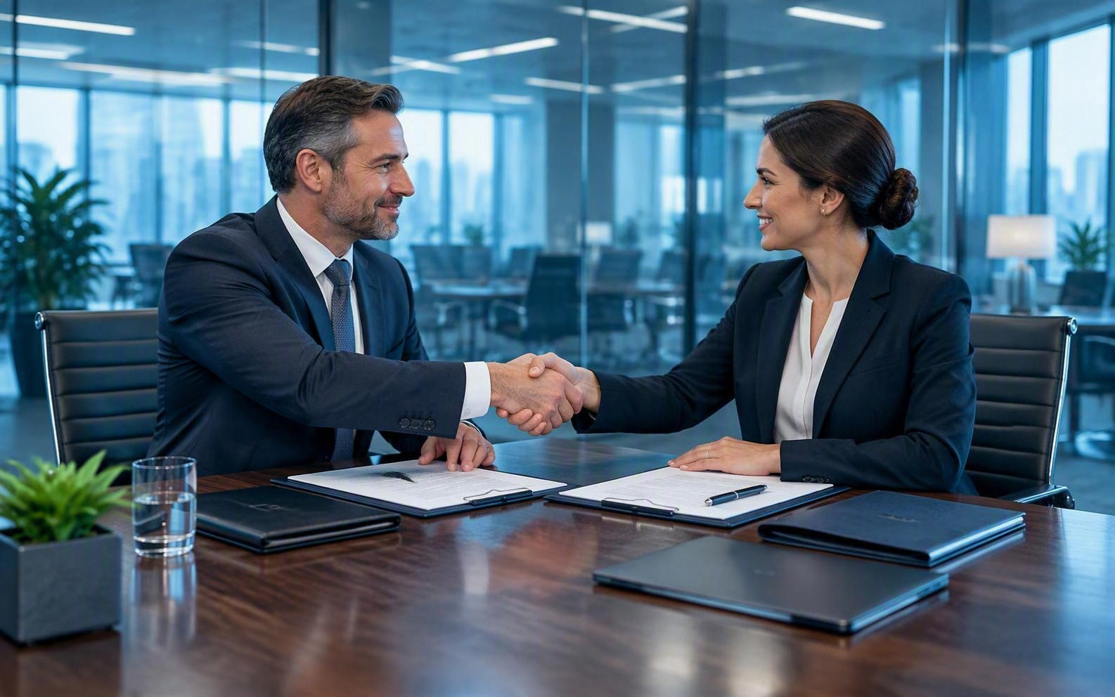 Two business partners shaking hands over signed agreements