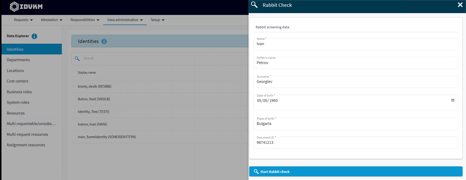 Rabbit Check form opened beside Identities in One Identity Manager