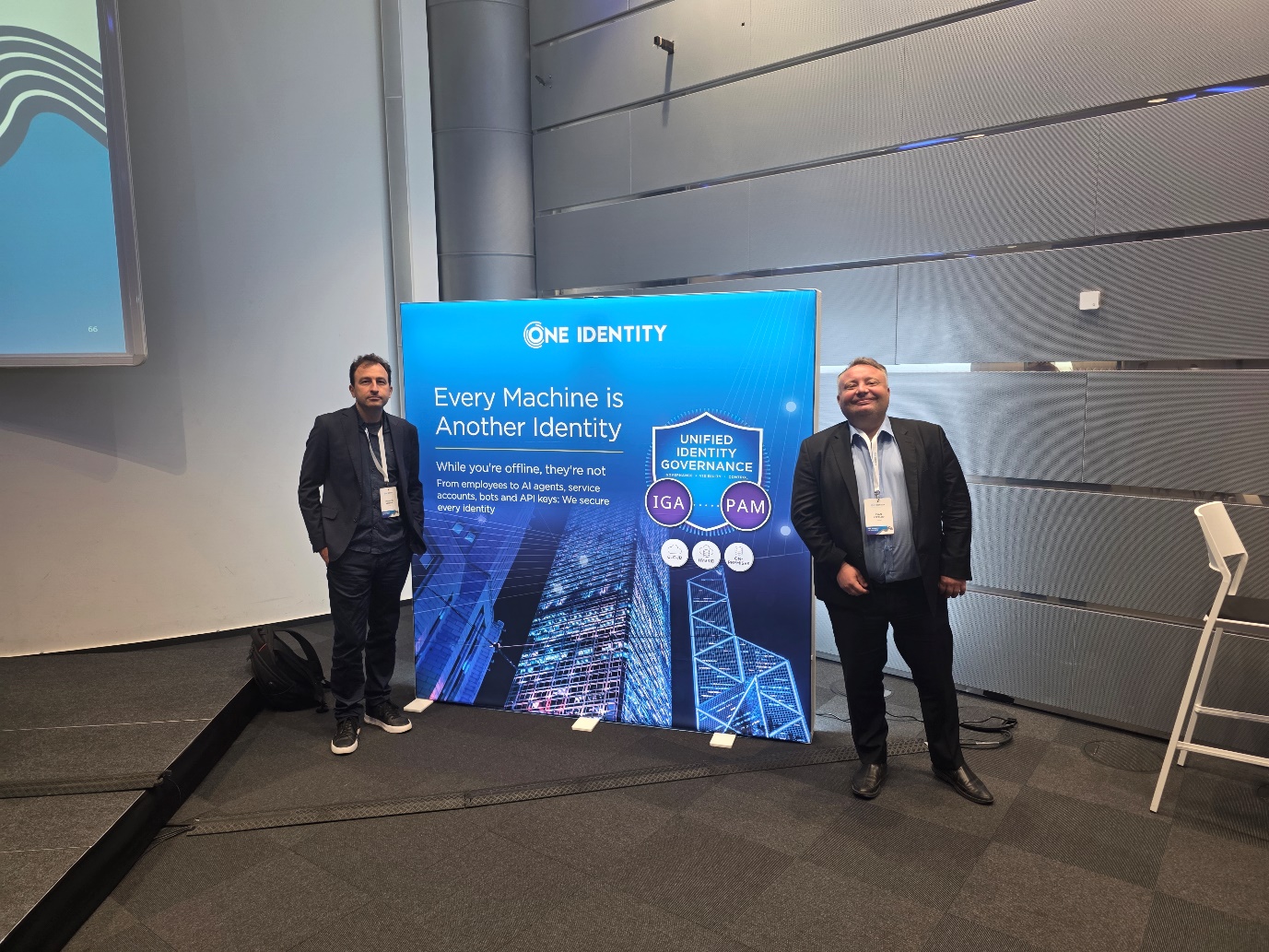Ivan Pepelov and Valentin Hristov at the One Identity booth with the headline Every Machine is Another Identity